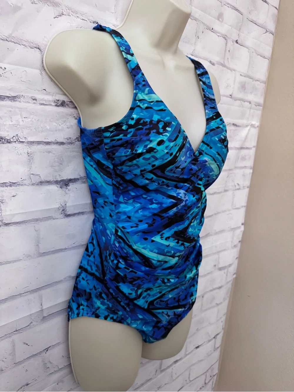 Miradonna By Miraclesuit V Neck One Piece Swimsuit Slimming Size 10 Blue Modest